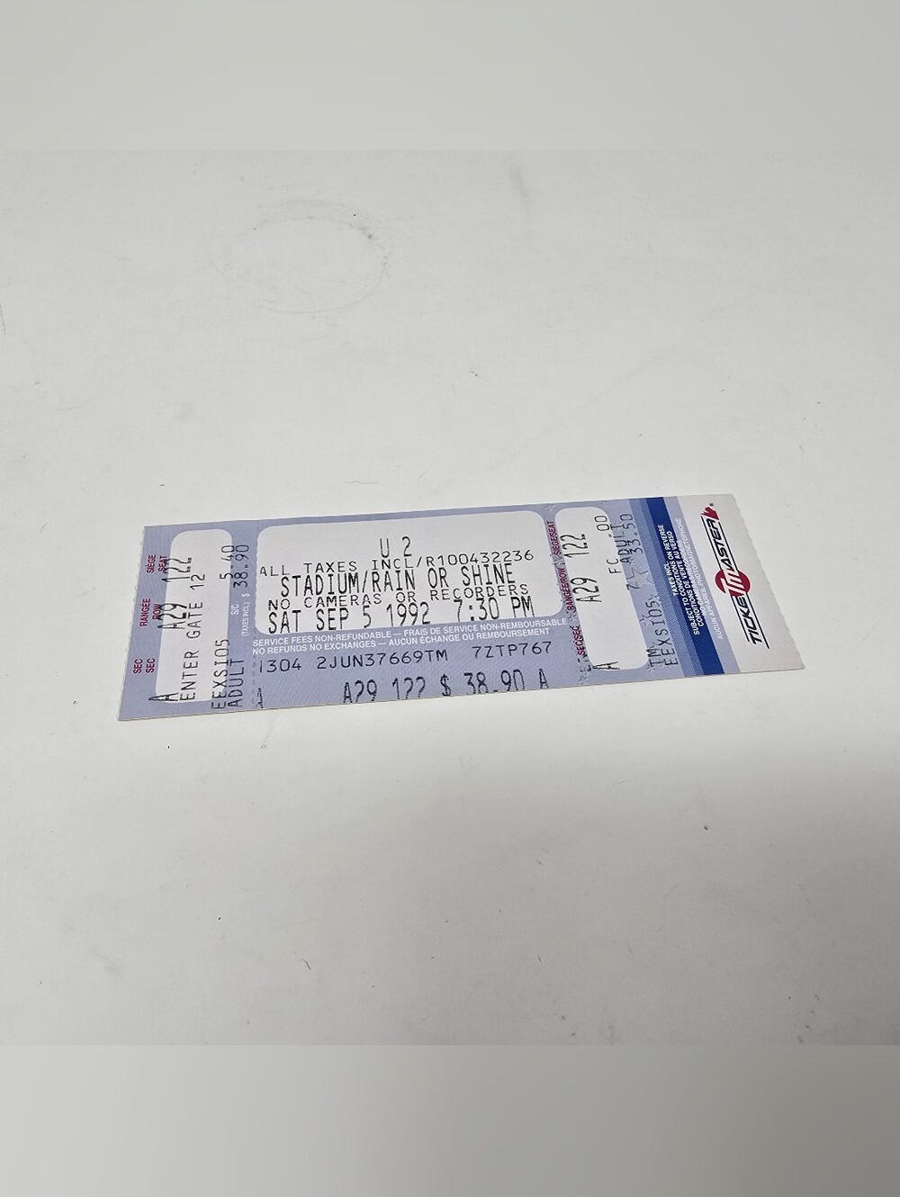 U2 Concert Stub Vintage Y2K 90s 1992 Toronto Ticket Elevation Tour